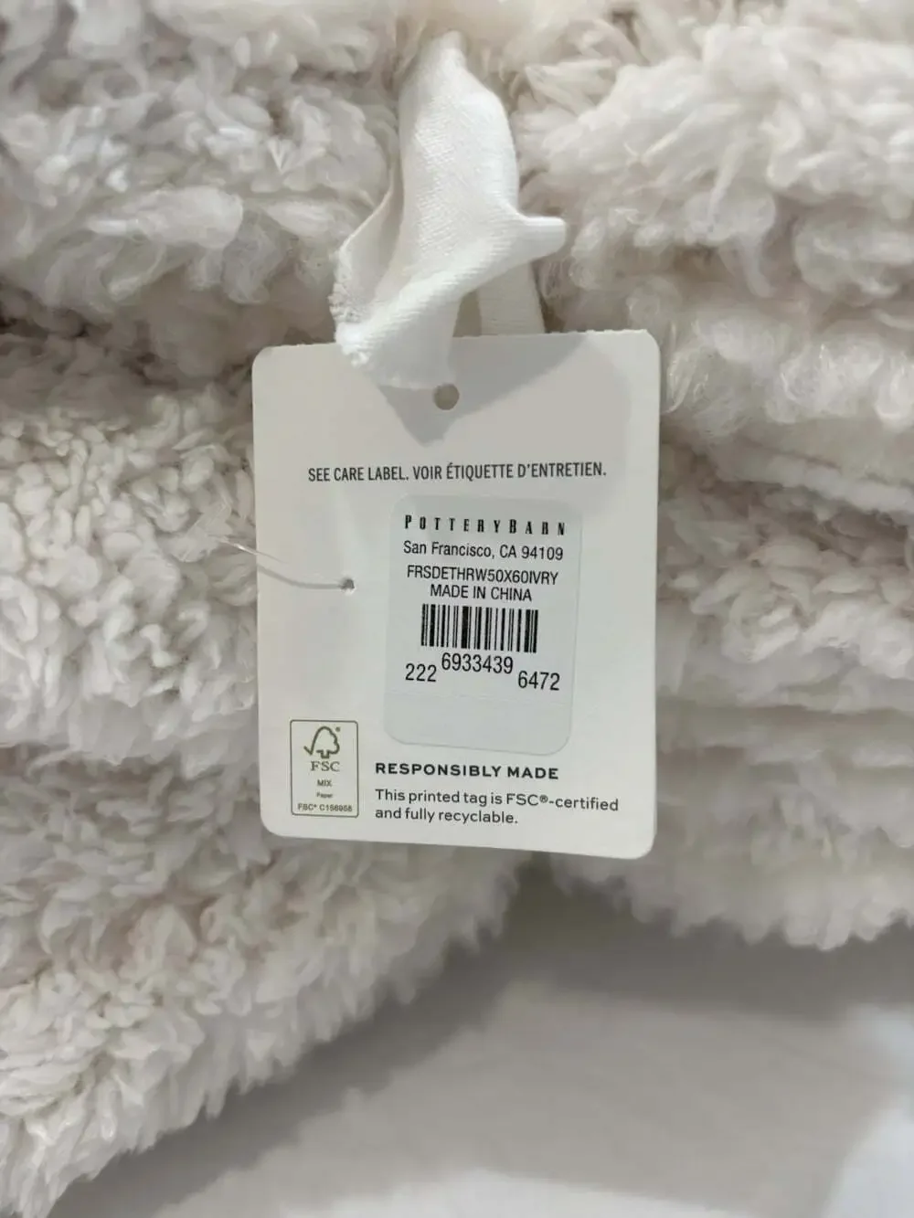 Pottery Barn Fireside Cozy Reversible Throw Ivory50” X 60”